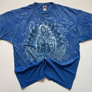 Vintage Y2K Virgin Mary Guadalupe Mexico Prayer Distressed Blue XL Shirt
